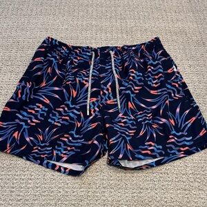 Men's Navy Tropical Print Athletic Swim Shorts with Coral & Lavender Accents